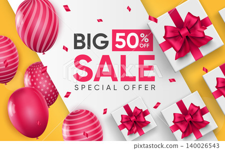 3d poster of Big Sale with Special Offer to 50 percent off in realistic design. Promotional flyer template with discount price for website background. Vector illustration of advertising web banner 140026543