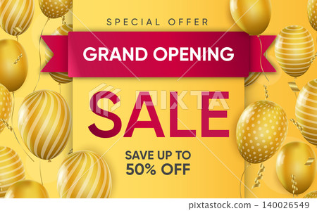 3d poster of Grand opening Sale realistic design. Special offer save up to 50 percent off discount prices. Flyer template for shopping website background. Vector illustration of advertising web banner 3d poster of Grand opening Sale realistic design. Special offer save up to 50 percent off discount prices. Flyer template for shopping website background. Vector illustration of advertising web banner 140026549