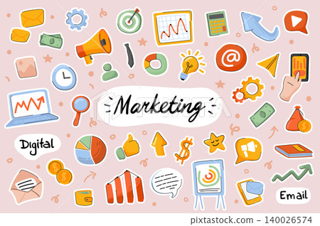 Marketing cute stickers template set. Bundle of marketer job symbols, analysis statistics, promotion strategy, profit growth, success. Scrapbooking elements. Vector illustration in flat cartoon design Marketing cute stickers template set. Bundle of marketer job symbols, analysis statistics, promotion strategy, profit growth, success. Scrapbooking elements. Vector illustration in flat cartoon design 140026574