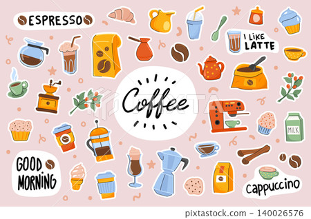 Coffee cute stickers template set. Bundle of cups with cappuccino, espresso, latte, desserts, beverage equipment, breakfast symbols. Scrapbooking elements. Vector illustration in flat cartoon design Coffee cute stickers template set. Bundle of cups with cappuccino, espresso, latte, desserts, beverage equipment, breakfast symbols. Scrapbooking elements. Vector illustration in flat cartoon design 140026576