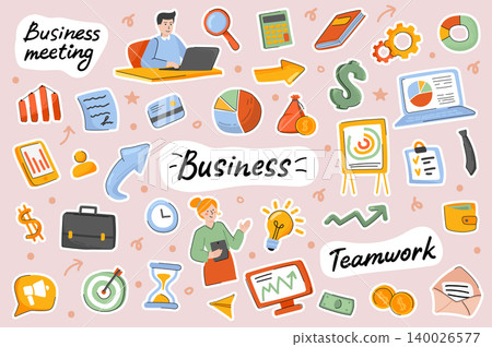Business cute stickers template set. Bundle of teamwork, successful businessman and businesswoman, profit growth, investment symbols. Scrapbooking elements. Vector illustration in flat cartoon design Business cute stickers template set. Bundle of teamwork, successful businessman and businesswoman, profit growth, investment symbols. Scrapbooking elements. Vector illustration in flat cartoon design 140026577