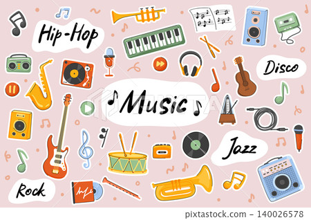 Music cute stickers template set. Bundle of guitar, drums, saxophone, jazz, rock, hip hop, song creation, recording. Musical symbols. Scrapbooking elements. Vector illustration in flat cartoon design Music cute stickers template set. Bundle of guitar, drums, saxophone, jazz, rock, hip hop, song creation, recording. Musical symbols. Scrapbooking elements. Vector illustration in flat cartoon design 140026578