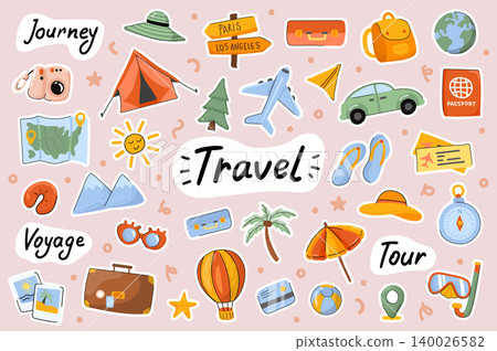 Travel cute stickers template set. Bundle of camping journey, sea resort tour, voyage, global tourism, baggage, traveler objects. Scrapbooking elements. Vector illustration in flat cartoon design Travel cute stickers template set. Bundle of camping journey, sea resort tour, voyage, global tourism, baggage, traveler objects. Scrapbooking elements. Vector illustration in flat cartoon design 140026582