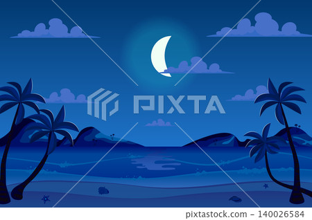 Moonlight night at seashore landscape background in flat cartoon style. Moon in sky above sea beach with palm trees. Paradise ocean island vacation. Nature scenery. Vector illustration of web banner 140026584