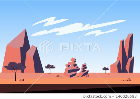 Mountains at desert landscape background in flat cartoon style. Trees, dry grass, sparse vegetation, rocky peaks and stones at wilderness. Abstract nature scenery. Vector illustration of web banner Mountains at desert landscape background in flat cartoon style. Trees, dry grass, sparse vegetation, rocky peaks and stones at wilderness. Abstract nature scenery. Vector illustration of web banner 140026588