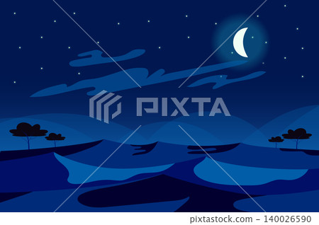 Moon in sky at desert night landscape background in flat cartoon style. Sand dunes, trees, sparse vegetation at moonlight wilderness. Abstract nature scenery. Vector illustration of web banner Moon in sky at desert night landscape background in flat cartoon style. Sand dunes, trees, sparse vegetation at moonlight wilderness. Abstract nature scenery. Vector illustration of web banner 140026590