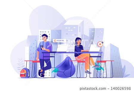 Colleagues at coworking office scene. Man and woman working in open office together. Freelance worker, business, coworker cooperation concept. Vector illustration of people characters in flat design Colleagues at coworking office scene. Man and woman working in open office together. Freelance worker, business, coworker cooperation concept. Vector illustration of people characters in flat design 140026598