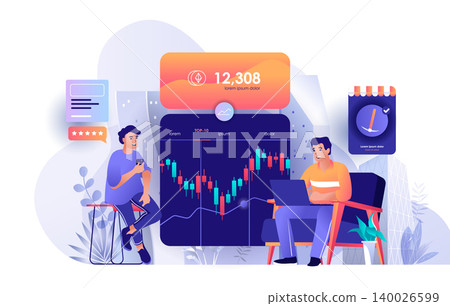 Cryptocurrency marketplace scene. Man works at laptop, monitoring creation digital currency, analyze candlestick chart. Digital money concept. Vector illustration of people characters in flat design Cryptocurrency marketplace scene. Man works at laptop, monitoring creation digital currency, analyze candlestick chart. Digital money concept. Vector illustration of people characters in flat design 140026599
