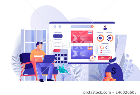 Online banking scene. Man conducts transactions through website on laptop. Online payment, personal financial account, credit cards concept. Vector illustration of people characters in flat design Online banking scene. Man conducts transactions through website on laptop. Online payment, personal financial account, credit cards concept. Vector illustration of people characters in flat design 140026605
