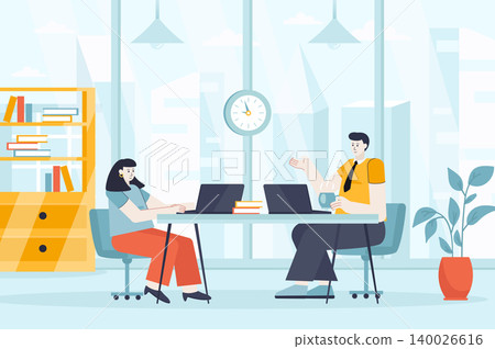 Coworking space concept in flat design. Employees or freelancers work in office scene. Colleagues communicate at business meeting conference. Vector illustration of people characters for landing page Coworking space concept in flat design. Employees or freelancers work in office scene. Colleagues communicate at business meeting conference. Vector illustration of people characters for landing page 140026616
