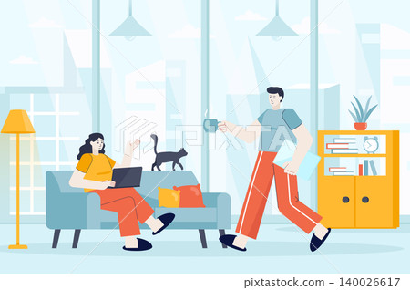 Freelance working concept in flat design. Freelancers work in home office scene. Couple works remotely in comfort condition of their home. Vector illustration of people characters for landing page Freelance working concept in flat design. Freelancers work in home office scene. Couple works remotely in comfort condition of their home. Vector illustration of people characters for landing page 140026617