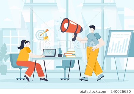 Digital marketing concept in flat design. Marketers team works in office scene. Teamwork to promote business, advertise, attract customers. Vector illustration of people characters for landing page Digital marketing concept in flat design. Marketers team works in office scene. Teamwork to promote business, advertise, attract customers. Vector illustration of people characters for landing page 140026620