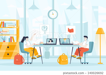 Distance learning concept in flat design. Children studying online from home scene. Girl and boy watching video course lessons with teacher. Vector illustration of people characters for landing page Distance learning concept in flat design. Children studying online from home scene. Girl and boy watching video course lessons with teacher. Vector illustration of people characters for landing page 140026692