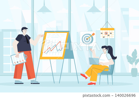 Business planning concept in flat design. Teamwork in office scene. Colleagues planning project, targeting, statistics analysis, development. Vector illustration of people characters for landing page Business planning concept in flat design. Teamwork in office scene. Colleagues planning project, targeting, statistics analysis, development. Vector illustration of people characters for landing page 140026696