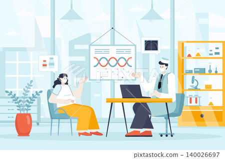 Medical clinic concept in flat design. Patient consulting with doctor in office scene. Diagnostics, treatment, prescription of medicines. Vector illustration of people characters for landing page Medical clinic concept in flat design. Patient consulting with doctor in office scene. Diagnostics, treatment, prescription of medicines. Vector illustration of people characters for landing page 140026697
