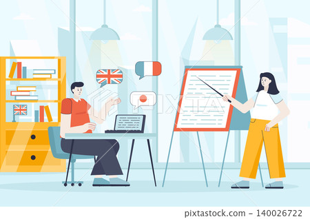 Language courses concept in flat design. Student in lesson at classroom scene. Man studying English, French, Japanese, listening to teacher. Vector illustration of people characters for landing page Language courses concept in flat design. Student in lesson at classroom scene. Man studying English, French, Japanese, listening to teacher. Vector illustration of people characters for landing page 140026722