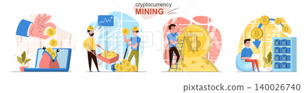 Cryptocurrency mining concept scenes set. Miners create digital money or bitcoins, blockchain tech, increase profits. Collection of people activities. Vector illustration of characters in flat design 140026740