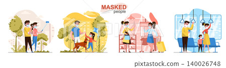 Masked people concept scenes set. Men and women in protective masks shopping, walking dog outdoors, ride in transport. Collection of human activities. Vector illustration of characters in flat design Masked people concept scenes set. Men and women in protective masks shopping, walking dog outdoors, ride in transport. Collection of human activities. Vector illustration of characters in flat design 140026748