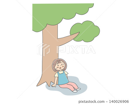 An illustration of a girl resting in the shade of a tree to escape the scorching sun. An illustration of a girl resting in the shade of a tree to escape the scorching sun. 140026906