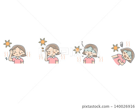 一組插圖,描繪了一名女孩中暑的症狀,以此來說明中暑的嚴重程度。 一組插圖,描繪了一名女孩中暑的症狀,以此來說明中暑的嚴重程度。 140026916