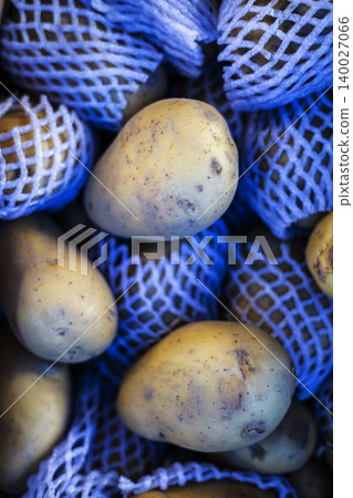 Pile Of Fresh Organic Potatoes At The Market. Close up of raw potatoes in mesh bags for sale at a local grocery store, ideal for cooking, healthy nutrition and agriculture themes. Pile Of Fresh Organic Potatoes At The Market. Close up of raw potatoes in mesh bags for sale at a local grocery store, ideal for cooking, healthy nutrition and agriculture themes. 140027066