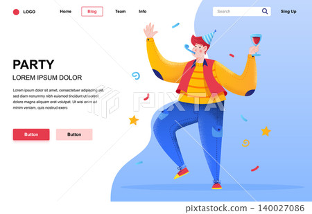 Party flat landing page composition. Guy drinking and having fun at party. Colorful people character with noise texture vector illustration. Weekend entertainment, holiday celebration and party time Party flat landing page composition. Guy drinking and having fun at party. Colorful people character with noise texture vector illustration. Weekend entertainment, holiday celebration and party time 140027086