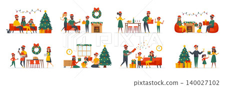 Christmas family bundle of scenes with flat people characters. Happy young family with kids having fun celebrating Christmas conceptual situations. Xmas winter holidays cartoon vector illustration. Christmas family bundle of scenes with flat people characters. Happy young family with kids having fun celebrating Christmas conceptual situations. Xmas winter holidays cartoon vector illustration. 140027102