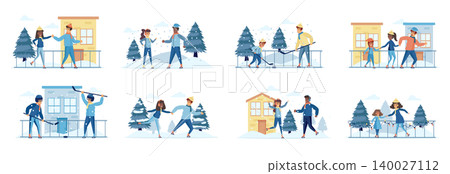 Hockey and skating sports activities bundle of scenes with people characters. Happy people play hockey and skating on ice rink situations. Wintertime holidays vacation cartoon vector illustration. Hockey and skating sports activities bundle of scenes with people characters. Happy people play hockey and skating on ice rink situations. Wintertime holidays vacation cartoon vector illustration. 140027112