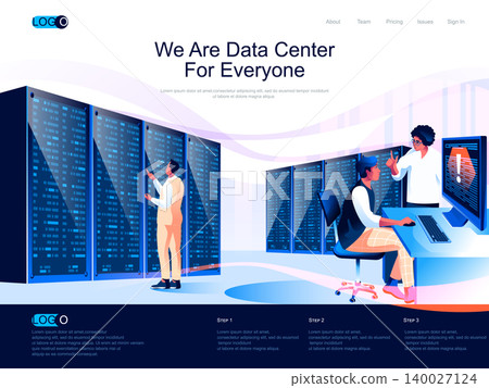 We are Data Center for everyone isometric landing page. Hosting platform, data storage isometry website page. Technicians working in server room web concept, vector illustration with people characters We are Data Center for everyone isometric landing page. Hosting platform, data storage isometry website page. Technicians working in server room web concept, vector illustration with people characters 140027124