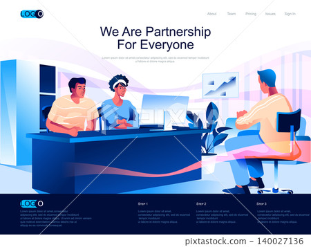 We are Partnership for everyone isometric landing page. Business conversation isometry website page. Partners discussing project web concept in flat style, vector illustration with people characters. We are Partnership for everyone isometric landing page. Business conversation isometry website page. Partners discussing project web concept in flat style, vector illustration with people characters. 140027136