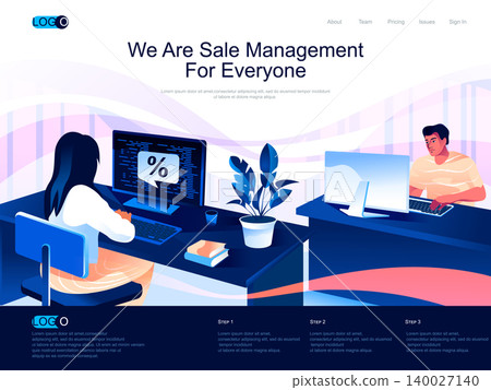 We are Sale Management for everyone isometric landing page. Analyzing and developing salesforce isometry website. Manager working on computer web concept, vector illustration with people characters. 140027140