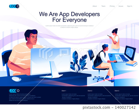 We are App Developers for everyone isometric landing page. Design, engineering and programming isometry website page. Developer at workplace web concept, vector illustration with people characters. 140027142