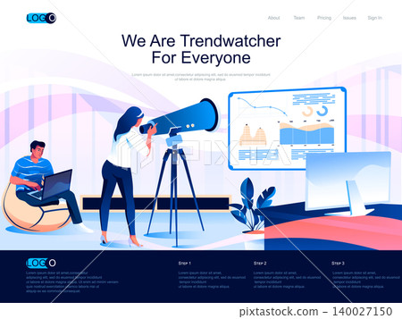 We are Trendwatcher for everyone isometric landing page. Trend watching and marketing research isometry website page. Marketer study data web concept, vector illustration with people characters. 140027150