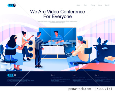 We are Video Conference for everyone isometric landing page. Internet communication isometry website page. Colleagues discussing project online web concept, vector illustration with people characters. 140027151