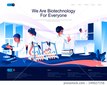 We are Biotechnology for everyone isometric landing page. Science research, bio engineering, DNA recombination isometry website. Scientists in laboratory, vector illustration with people characters. 140027156