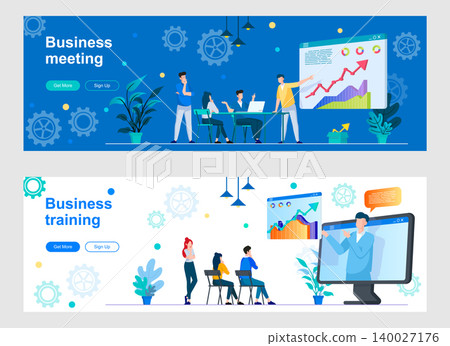 Business meeting landing page with people characters. Corporate coaching and professional skills development web banners set. Business team training vector illustration great for social media cover. Business meeting landing page with people characters. Corporate coaching and professional skills development web banners set. Business team training vector illustration great for social media cover. 140027176
