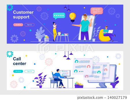 Customer support and call center landing page with people characters. Online client assistance and consultation service web banners. Hotline operator vector illustration great for social media cover. Customer support and call center landing page with people characters. Online client assistance and consultation service web banners. Hotline operator vector illustration great for social media cover. 140027179