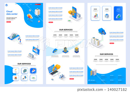 Cloud data center isometric landing page. Database storage, online computing resources corporate website design template. Web banner with header, middle content, footer. Cloud data center isometric landing page. Database storage, online computing resources corporate website design template. Web banner with header, middle content, footer. 140027182
