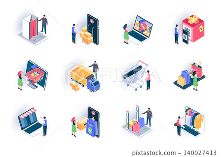 Online shopping isometric icons set. Internet marketplace, discount shopping, global export flat vector illustration. Online order and home delivery 3d isometry pictograms with people characters. Online shopping isometric icons set. Internet marketplace, discount shopping, global export flat vector illustration. Online order and home delivery 3d isometry pictograms with people characters. 140027413