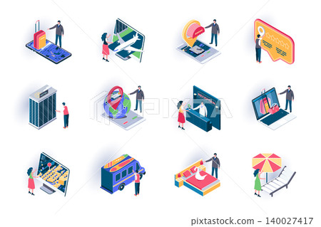 Travel vacation isometric icons set. Online ticket booking, hotel reservation service flat vector illustration. Summertime vacation, hot tours offers 3d isometry pictograms with people characters. 140027417