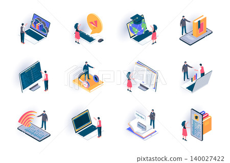 Online education isometric icons set. Distance learning with digital devices, online courses and webinars flat vector illustration. Internet library 3d isometry pictograms with people characters. 140027422