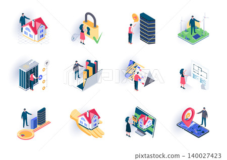 Real estate isometric icons set. Buildings sale, mortgage and rent, architecture engineering and construction flat vector illustration. Real estate agency 3d isometry pictograms with people characters Real estate isometric icons set. Buildings sale, mortgage and rent, architecture engineering and construction flat vector illustration. Real estate agency 3d isometry pictograms with people characters 140027423