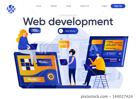 Web development flat landing page. Creative team of designers and developers work together vector illustration. Full stack development, software engineering web page composition with people characters Web development flat landing page. Creative team of designers and developers work together vector illustration. Full stack development, software engineering web page composition with people characters 140027424