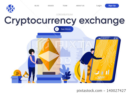 Cryptocurrency exchange flat landing page. Online digital money market, mobile solution for exchange and trading vector illustration. Blockchain technology web page composition with people characters Cryptocurrency exchange flat landing page. Online digital money market, mobile solution for exchange and trading vector illustration. Blockchain technology web page composition with people characters 140027427