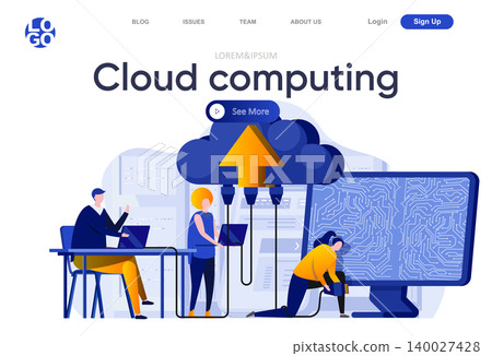 Cloud computing flat landing page. Engineers servicing cloud database system vector illustration. Hosting platform administrating, data center computing web page composition with people characters. 140027428