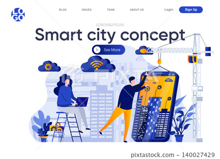 Smart city concept flat landing page. Developers team creating mobile app for smart house vector illustration. Internet of things, wireless networking web page composition with people characters. 140027429