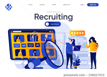 Recruiting flat landing page. HR manager carefully studying resumes of candidates vector illustration. Human resource management and staff headhunting web page composition with people characters. Recruiting flat landing page. HR manager carefully studying resumes of candidates vector illustration. Human resource management and staff headhunting web page composition with people characters. 140027433