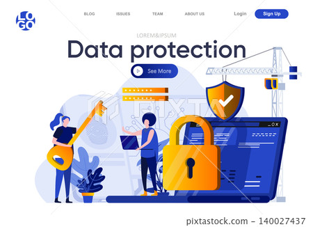 Data protection flat landing page. Cybersecurity specialist consultation with client vector illustration. Data security system, information confidentiality web page composition with people characters Data protection flat landing page. Cybersecurity specialist consultation with client vector illustration. Data security system, information confidentiality web page composition with people characters 140027437