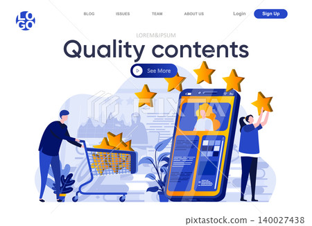 Quality contents flat landing page. Creative team posting and reviewing quality digital content vector illustration. Social media marketing and publication web page composition with people characters Quality contents flat landing page. Creative team posting and reviewing quality digital content vector illustration. Social media marketing and publication web page composition with people characters 140027438