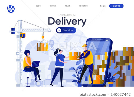 Delivery flat landing page. Customers using delivery mobile application and courier with parcel vector illustration. Logistics and express delivery service web page composition with people characters Delivery flat landing page. Customers using delivery mobile application and courier with parcel vector illustration. Logistics and express delivery service web page composition with people characters 140027442